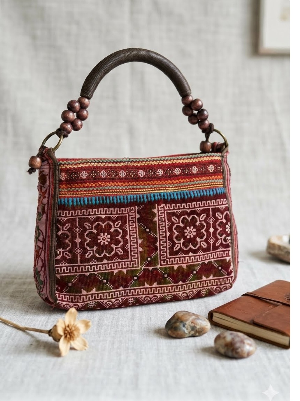 Boho Embroidered Silk Mini Handbag in Maroon with Beaded Handle